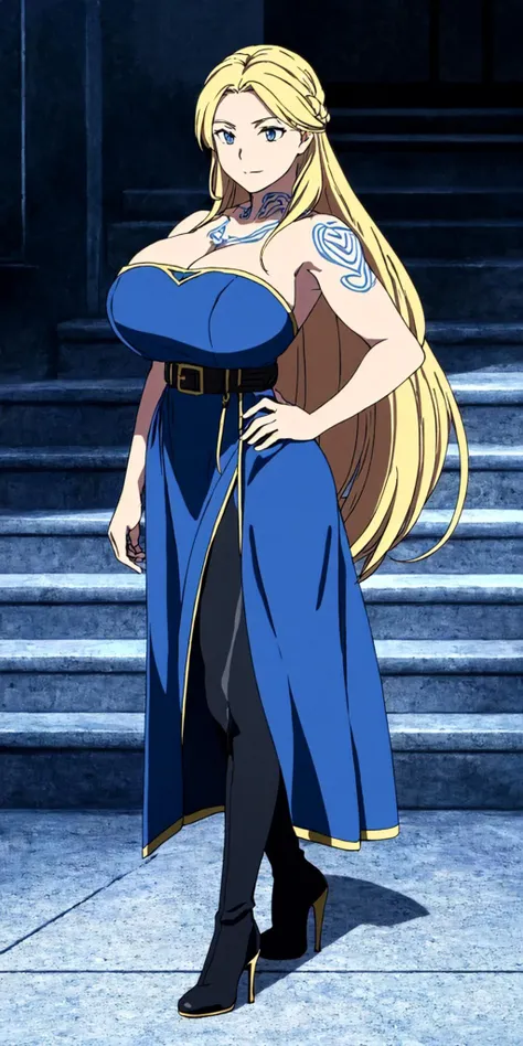 masterpiece, high quality, best quality, 1girl, (muscular female:1.0), (super gigantic breasts:1.0), (closed mouth, half smile), sif, blonde hair, very long hair, blue eyes, (long blue dress:1.5), (black leggings:1), (black high heel boots:1.25),  brown belt with golden edges, tattoos, sexy, seductive, anime screencap, anime key visual, (fully clothed:1.0), full body <lora:Sif_GoWR_v3:0.90>