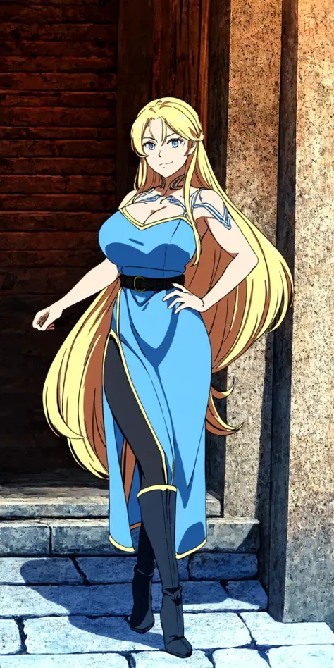 masterpiece, high quality, best quality, 1girl, (muscular female:1.0), (super gigantic breasts:1.0), (closed mouth, half smile), sif, blonde hair, very long hair, blue eyes, (long blue dress:1.5), (black leggings:1), (black high heel boots:1.25),  brown belt with golden edges, tattoos, sexy, seductive, anime screencap, anime key visual, (fully clothed:1.0), full body <lora:Sif_GoWR_v3:0.90>