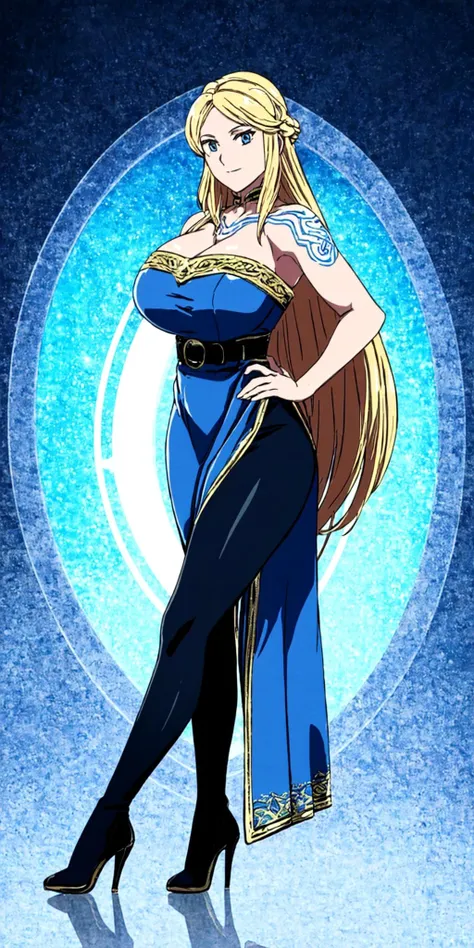 masterpiece, high quality, best quality, 1girl, (muscular female:1.0), (super gigantic breasts:1.0), (closed mouth, half smile), sif, blonde hair, very long hair, blue eyes, (long blue dress:1.5), (black leggings:1.25), (black high heel boots:1.25), brown belt with golden edges, tattoos, sexy, seductive, anime screencap, anime key visual, (fully clothed:1.0), full body <lora:Sif_GoWR_v3:1.0>