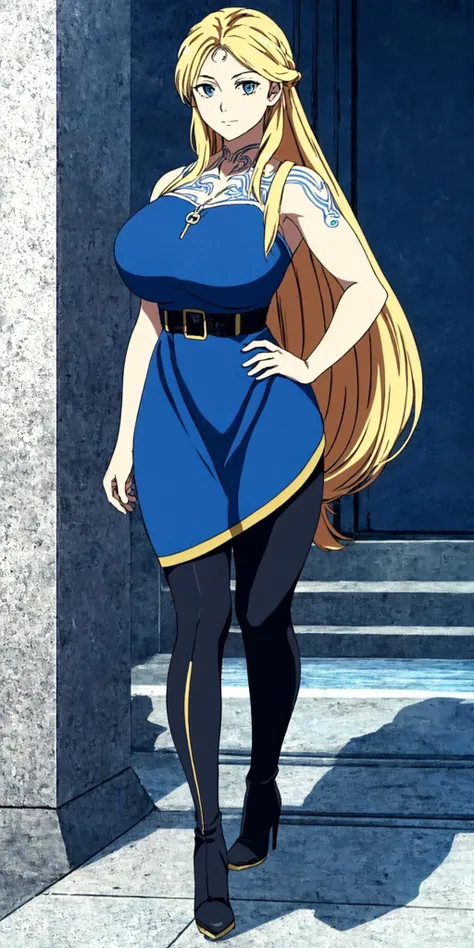 masterpiece, high quality, best quality, 1girl, (muscular female:1.0), (super gigantic breasts:1.0), (closed mouth, half smile), sif, blonde hair, very long hair, blue eyes, (long blue dress:1.5), (black leggings:1.25), (black high heel boots:1.25), brown belt with golden edges, tattoos, sexy, seductive, anime screencap, anime key visual, (fully clothed:1.0), full body <lora:Sif_GoWR_v3:0.90>