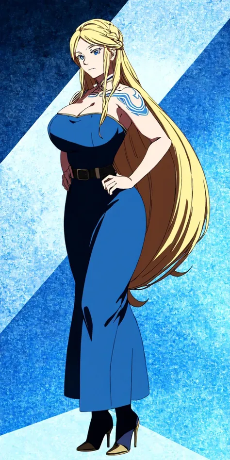 masterpiece, high quality, best quality, 1girl, (muscular female:1.0), (super gigantic breasts:1.0), (closed mouth, half smile), sif, blonde hair, very long hair, blue eyes, (long blue dress:1.5), (black leggings:1.0), black high heel boots, brown belt with golden edges, tattoos, sexy, seductive, anime screencap, anime key visual, (fully clothed:1.0), full body <lora:Sif_GoWR_v3:1.0>