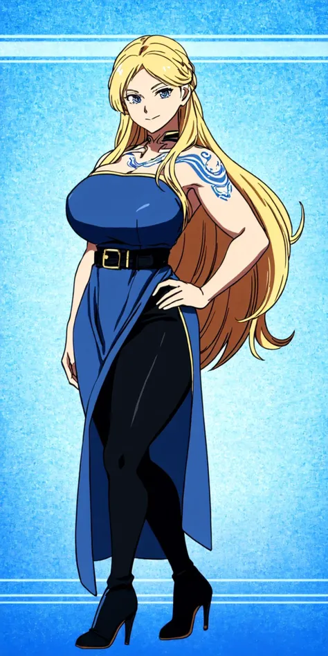 masterpiece, high quality, best quality, 1girl, (muscular female:1.0), (super gigantic breasts:1.0), (closed mouth, half smile), sif, blonde hair, very long hair, blue eyes, (long blue dress:1.5), (black leggings:1.25), (black high heel boots:1.25), brown belt with golden edges, tattoos, sexy, seductive, anime screencap, anime key visual, (fully clothed:1.0), full body <lora:Sif_GoWR_v3:0.90>