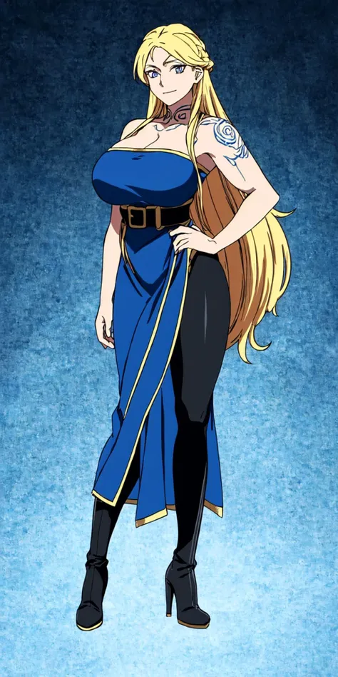masterpiece, high quality, best quality, 1girl, (muscular female:1.0), (super gigantic breasts:1.0), (closed mouth, half smile), sif, blonde hair, very long hair, blue eyes, (long blue dress:1.5), (black leggings:1), (black high heel boots:1.25),  brown belt with golden edges, tattoos, sexy, seductive, anime screencap, anime key visual, (fully clothed:1.0), full body <lora:Sif_GoWR_v3:0.90>