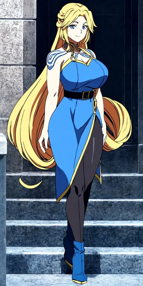 masterpiece, high quality, best quality, 1girl, (muscular female:1.0), (super gigantic breasts:1.0), (closed mouth, half smile), sif, blonde hair, very long hair, blue eyes, (long blue dress:1.5), (black leggings:1), (black high heel boots:1.25),  brown belt with golden edges, tattoos, sexy, seductive, anime screencap, anime key visual, (fully clothed:1.0), full body <lora:Sif_GoWR_v3:0.90>
