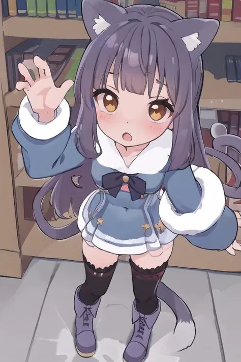 (solo)(short stature) sweat, very little, (dwarf), ((baby face)), ((Kawaii)), petite, girl.(purple hair), (shiny hair),(bangs) ((ultra-detailed cute face)) (ultra-detailed body), ((flat chest)),close up:1,2. (((lower breasts)))(thin thighs) (thin legs), navel, bedroom, <lora:Milk-Re-v1.1-:0.6>, cat ears, cat tail, brown eyes, long hair,  <lora:thickerLinesAnimeStyle_loraVersion:0.8>, standing, blue dress, boots, thighhighs, long sleeves, dress, black thighhighs, sleeves past wrists, fur-trimmed sleeves, bookshelf,