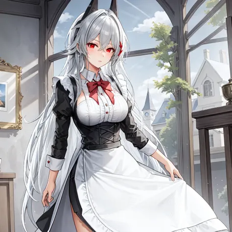 1girl, red eyes, (maid outfit:1.1), walking, ((masterpiece)), best quality, extremely detailed, intricate, indoors, <lora:Kursk_azur_lane-000015:0.6>
