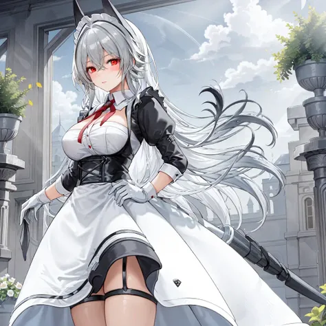 1girl, red eyes, (maid outfit:1.1), walking, ((masterpiece)), best quality, extremely detailed, intricate, indoors, <lora:Kursk_azur_lane-000015:0.65>