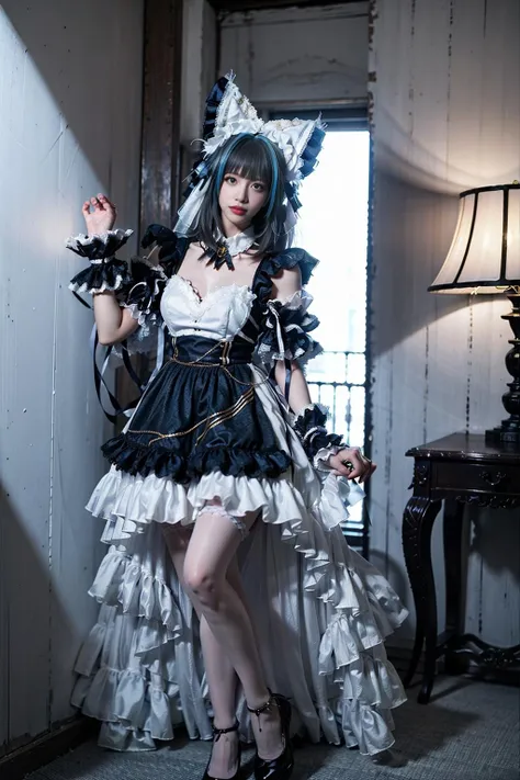 best quality, masterpiece, realistic, (photorealistic:1.4), 1girl, solo, full body, cheshire cosplay costume, cosplay, ribbon, animal ears, high heels, garter straps, wrist cuffs, paw pose, looking at viewer, indoors, <lora:cheshire_cosplay_costume_v1:0.7>