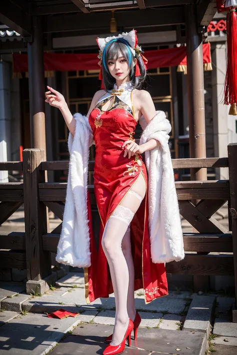 best quality, masterpiece, realistic, photorealistic, 1girl, solo, full body, standing, looking at viewer, cheshire cosplay costume, cosplay, dress, chinese clothes, thighhighs, fur capelet, cat ears, hair ornament, red high heels, detailed background, chinese garden, <lora:cheshire_cosplay_costume_chinese_clothes_v1:0.65>