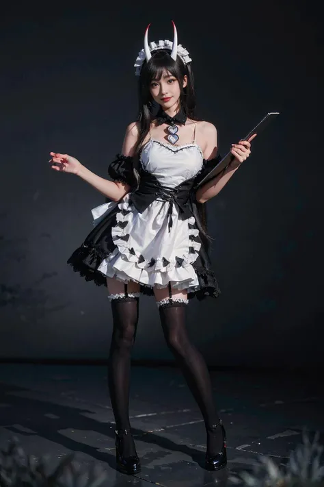 best quality, masterpiece, realistic, (photorealistic:1.4), 1girl, solo, full body, smile, looking at viewer, noshiro cosplay costume, cosplay, maid, apron, horns, holding clipboard, black thighhighs, standing, <lora:noshiro_cosplay_costume_v1:0.7>