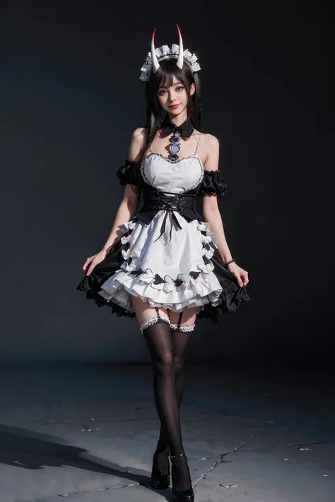 best quality, masterpiece, realistic, (photorealistic:1.4), 1girl, solo, full body, smile, looking at viewer, noshiro cosplay costume, cosplay, maid, apron, horns, black thighhighs, standing, <lora:noshiro_cosplay_costume_v1:0.7>