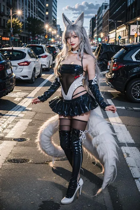 best quality, quality, masterpiece, photorealistic, 1girl, solo, full body, standing, looking at viewer, smile, shinano cosplay costume, cosplay, animal ears, thighhighs, high heels, see-through, fox tail, multiple tails, in street, night, neon light, cityscape, <lora:shinano_race_cosplay_costume_v1:0.7>