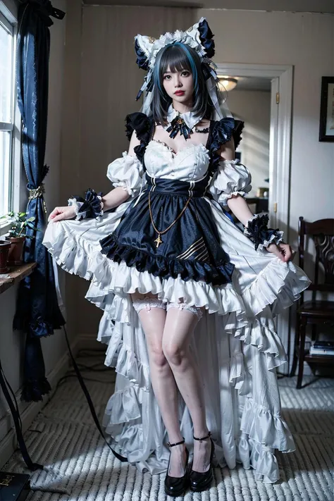 best quality, masterpiece, realistic, (photorealistic:1.4), 1girl, solo, full body, cheshire cosplay costume, looking at viewer, indoors, <lora:cheshire_cosplay_costume_v1:0.7>