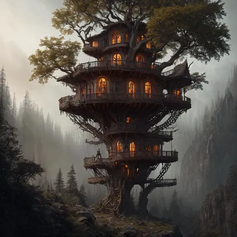 a tall magnificent tree house on the edge of a cliff in the evening tall, soft, mountain, grass, water, green, tree, intricate, elegant, highly detailed, digital painting, artstation, concept art, smooth, sharp focus, illustration, art by wlop, charlie bowater and alexandra fomina, dark  themed background. very dark and scary horror vibes. hyper intricate details. purple, red, white colors. hyperrealistic artwork style. scary horror metal music vibe. godrays, gorgeous, amazing, intricate, highly detailed, digital painting, artstatio, nightmare by tim burton, monster dreams, v-ray octane, highly detailed by artgem, art, trending artstation, blender, vivid color, steampunk, messi, cinematic light, alexa, ultra primme