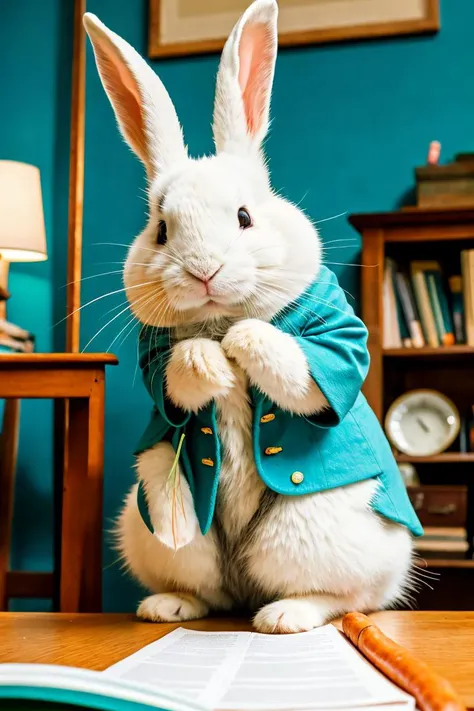 drawing of white rabbit, holding a carrot, sitting at a desk, beatrix potter, turquoise, 8k uhd, dslr, soft lighting, high quality, film grain