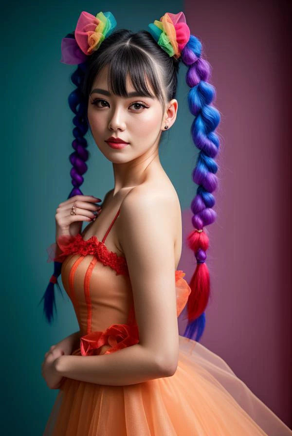 portrait of a woman, wearing organza , with rainbow colored pig tails hair , red victorian dress, background stylish epic photo, studio lighting, hard light, sony a7, 50 m