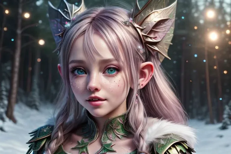 8k hi-Definition hyper realistic: high-res, hyper realistic: small/tint Christmas elf (female), pointed ears, glittery face ware Christmas style clothing, decorating snowy forest, festive mood lighting