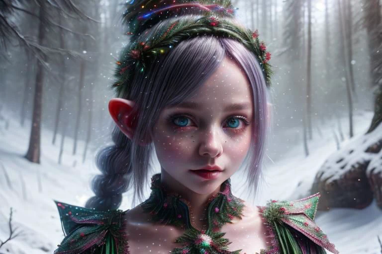 8k hi-Definition hyper realistic: high-res, hyper realistic: small/tint Christmas elf (female), pointed ears, glittery face, wearing Christmas style clothing, full body, snowy forest,