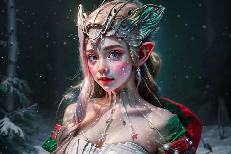 8k hi-Definition hyper realistic: high-res, hyper realistic: small/tint Christmas elf (female), pointed ears, glittery face ware Christmas style clothing, decorating snowy forest, festive mood lighting