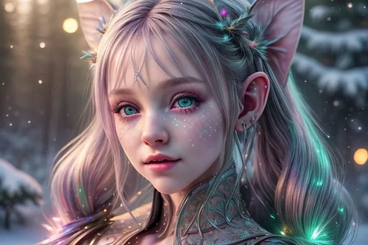 8k hi-Definition hyper realistic: high-res, hyper realistic: small/tint Christmas elf (female), pointed ears, glittery face ware Christmas style clothing, decorating snowy forest, festive mood lighting