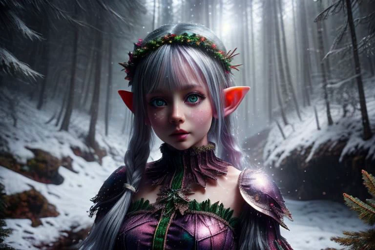 8k hi-Definition hyper realistic: high-res, hyper realistic: small/tint Christmas elf (female), pointed ears, glittery face, wearing Christmas style clothing, full body, snowy forest,
