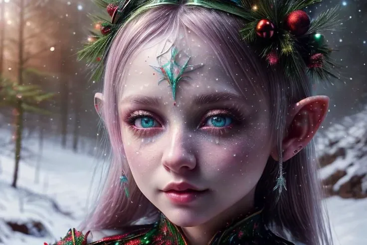 8k hi-Definition hyper realistic: high-res, hyper realistic: small/tint Christmas elf (female), pointed ears, glittery face, wearing  Christmas style clothing, full body,  snowy forest,