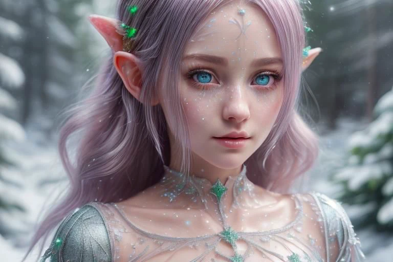 8k hi-Definition hyper realistic: high-res, hyper realistic: small/tint Christmas elf (female), pointed ears, glittery face, wearing transparent Christmas style clothing, full body, snowy forest,