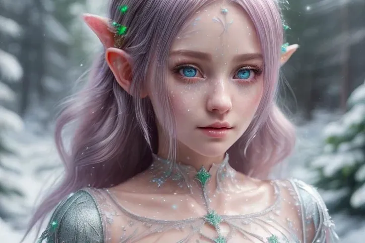 8k hi-Definition hyper realistic: high-res, hyper realistic: small/tint Christmas elf (female), pointed ears, glittery face, wearing transparent Christmas style clothing, full body,  snowy forest,