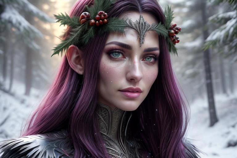 8k hi-Definition hyper realistic: high-res, hyper realistic: small/tint Christmas elf (female), pointed ears, glittery face, wearing sexy Christmas style clothing, full body, snowy forest,