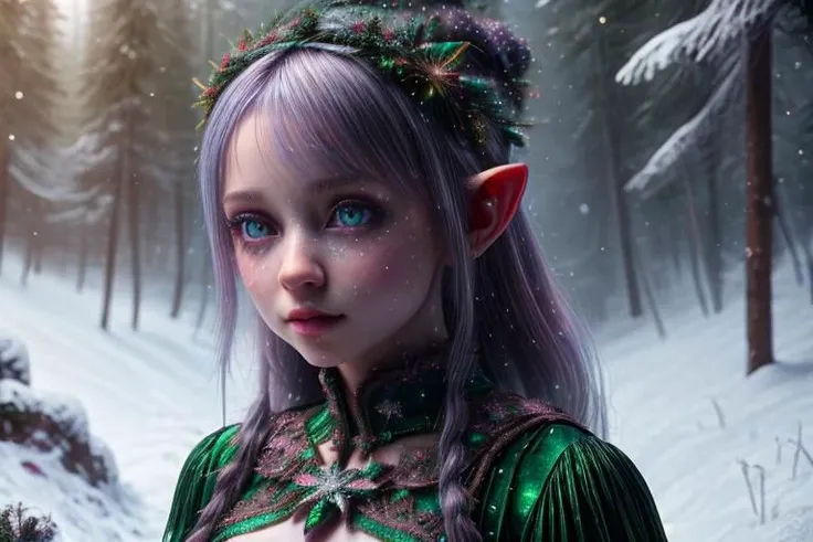 8k hi-Definition hyper realistic: high-res, hyper realistic: small/tint Christmas elf (female), pointed ears, glittery face, wearing  Christmas style clothing, full body,  snowy forest,