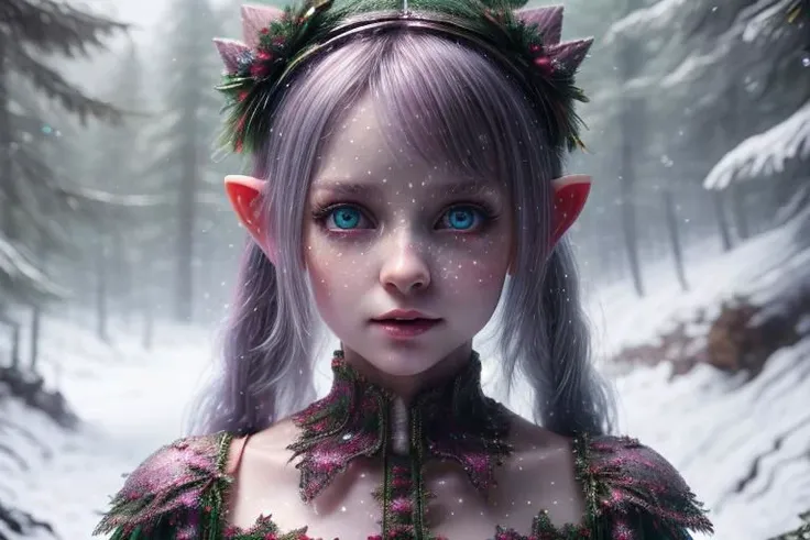 8k hi-Definition hyper realistic: high-res, hyper realistic: small/tint Christmas elf (female), pointed ears, glittery face, wearing  Christmas style clothing, full body,  snowy forest,