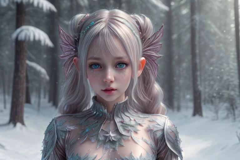 8k hi-Definition hyper realistic: high-res, hyper realistic: small/tint Christmas elf (female), pointed ears, glittery face, wearing transparent Christmas style clothing, full body, snowy forest,