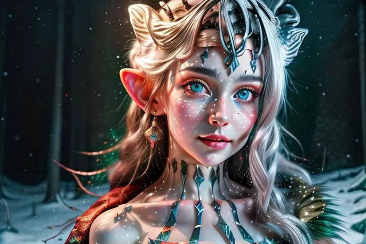 8k hi-Definition hyper realistic: high-res, hyper realistic: small/tint Christmas elf (female), pointed ears, glittery face ware Christmas style clothing, decorating snowy forest, festive mood lighting