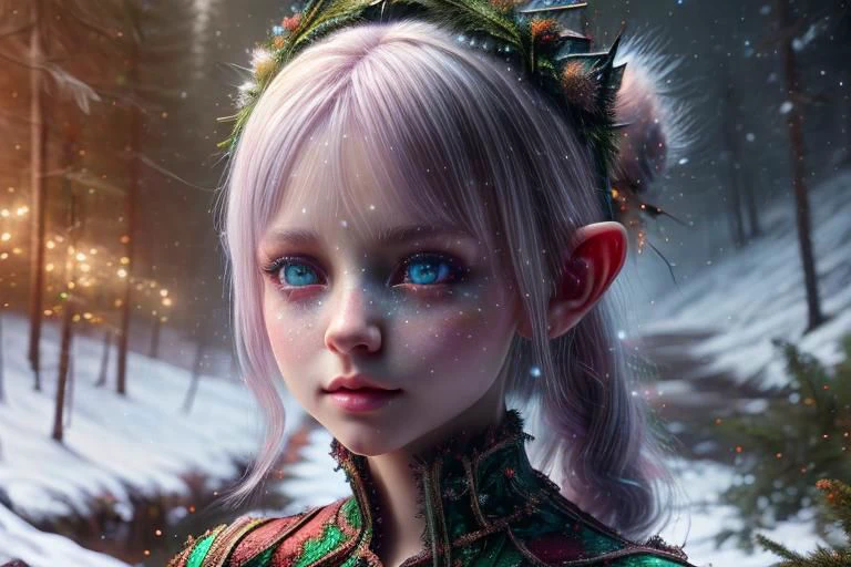 8k hi-Definition hyper realistic: high-res, hyper realistic: small/tint Christmas elf (female), pointed ears, glittery face, wearing Christmas style clothing, full body, snowy forest,