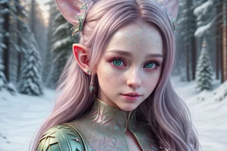 8k hi-Definition hyper realistic: high-res, hyper realistic: small/tint Christmas elf (female), pointed ears, glittery face ware Christmas style clothing, decorating snowy forest, festive mood lighting