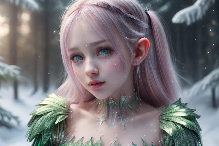 8k hi-Definition hyper realistic: high-res, hyper realistic: small/tint Christmas elf (female), pointed ears, glittery face, wearing transparent Christmas style clothing, full body, snowy forest,