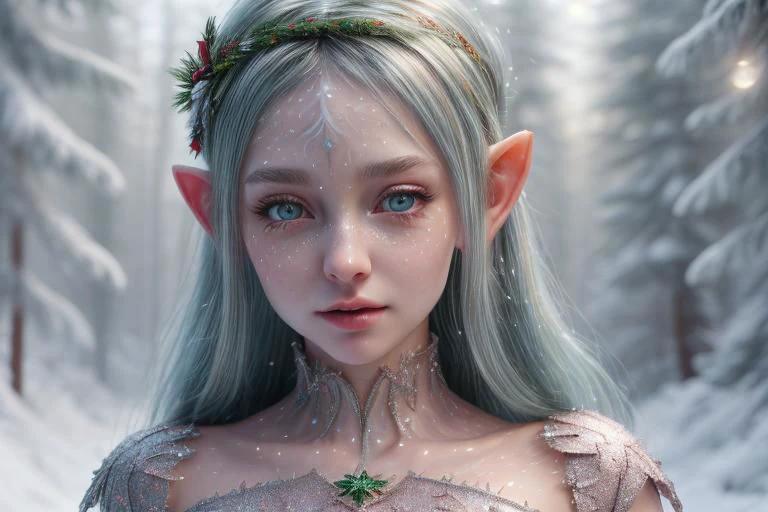8k hi-Definition hyper realistic: high-res, hyper realistic: small/tint Christmas elf (female), pointed ears, glittery face, wearing transparent Christmas style clothing, full body, snowy forest,