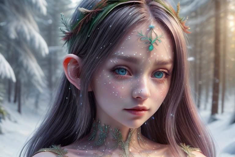 8k hi-Definition hyper realistic: high-res, hyper realistic: small/tint Christmas elf (female), pointed ears, glittery face, wearing transparent Christmas style clothing, full body, snowy forest,