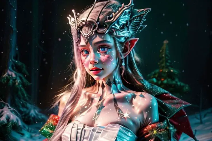 8k hi-Definition hyper realistic: high-res, hyper realistic: small/tint Christmas elf (female), pointed ears, glittery face ware Christmas style clothing, decorating snowy forest, festive mood lighting