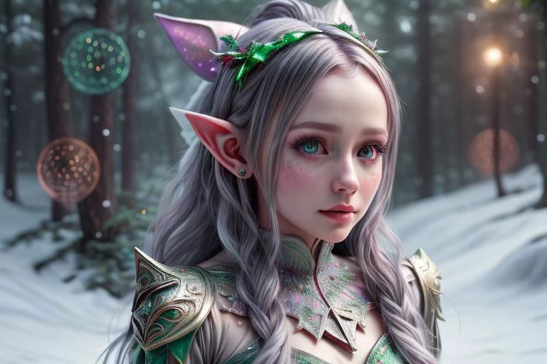 8k hi-Definition hyper realistic: high-res, hyper realistic: small/tint Christmas elf (female), pointed ears, glittery face ware Christmas style clothing, decorating snowy forest, festive mood lighting