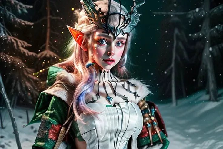 8k hi-Definition hyper realistic: high-res, hyper realistic: small/tint Christmas elf (female), pointed ears, glittery face ware Christmas style clothing, decorating snowy forest, festive mood lighting