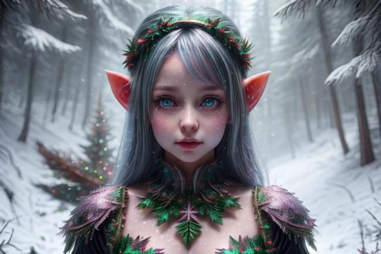 8k hi-Definition hyper realistic: high-res, hyper realistic: small/tint Christmas elf (female), pointed ears, glittery face, wearing Christmas style clothing, full body, snowy forest,