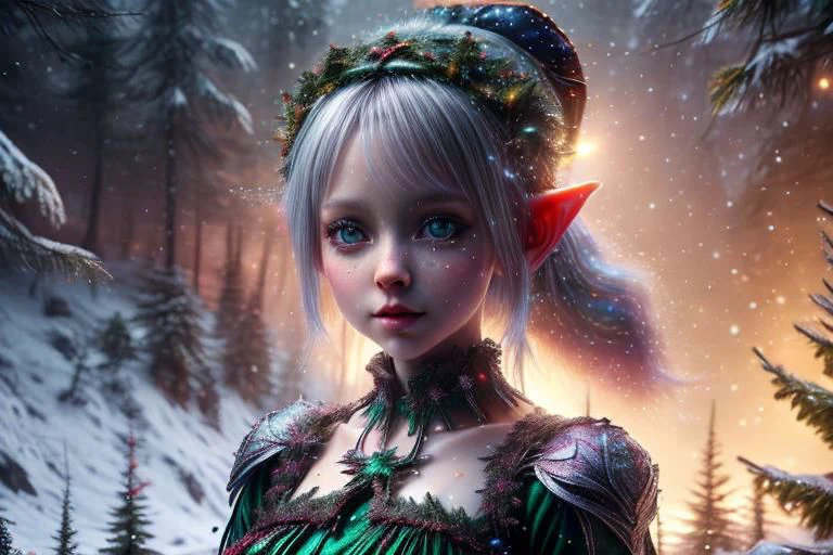 8k hi-Definition hyper realistic: high-res, hyper realistic: small/tint Christmas elf (female), pointed ears, glittery face, wearing Christmas style clothing, full body, snowy forest,