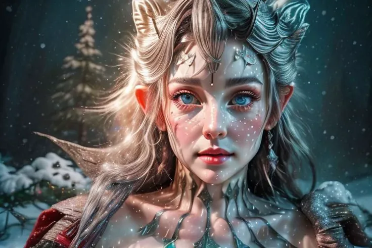 8k hi-Definition hyper realistic: high-res, hyper realistic: small/tint Christmas elf (female), pointed ears, glittery face ware Christmas style clothing, decorating snowy forest, festive mood lighting