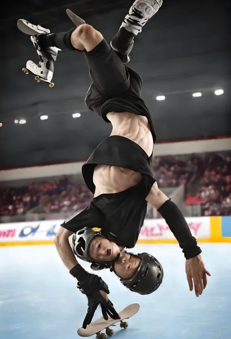 a skateboarder in an acrobatic position in the air, hockey helmet, knee pads, elbow pads, spectators