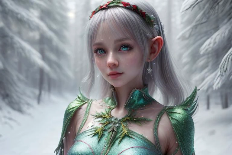 8k hi-Definition hyper realistic: high-res, hyper realistic: small/tint Christmas elf (female), pointed ears, glittery face, wearing transparent Christmas style clothing, full body, snowy forest,