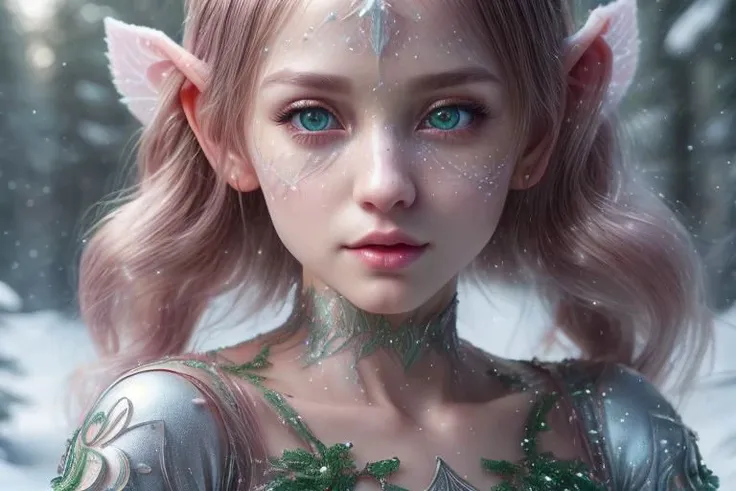 8k hi-Definition hyper realistic: high-res, hyper realistic: small/tint Christmas elf (female), pointed ears, glittery face, wearing transparent Christmas style clothing, full body,  snowy forest,