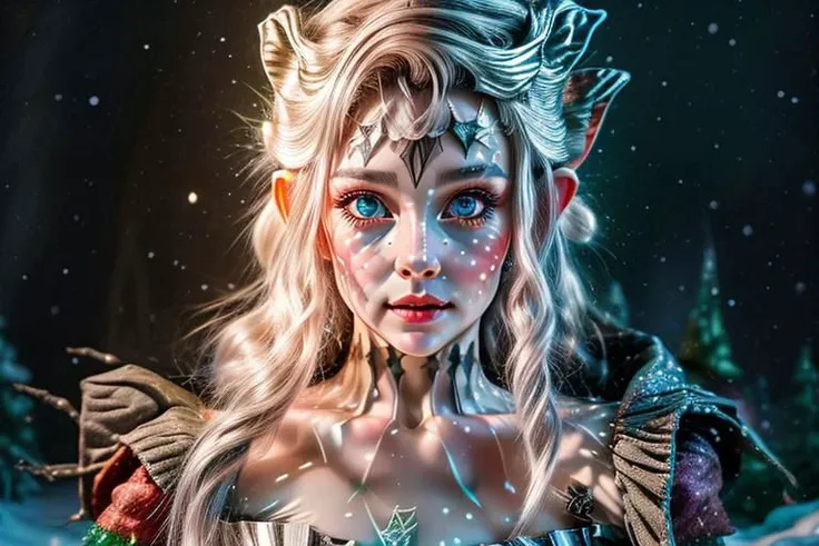 8k hi-Definition hyper realistic: high-res, hyper realistic: small/tint Christmas elf (female), pointed ears, glittery face ware Christmas style clothing, decorating snowy forest, festive mood lighting