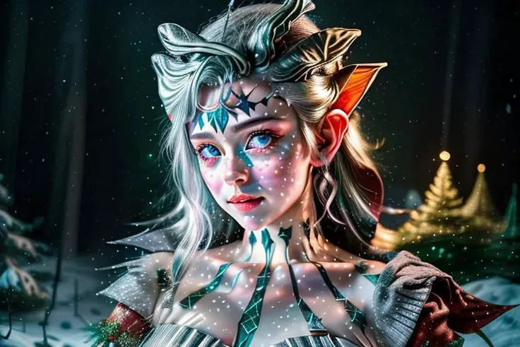 8k hi-Definition hyper realistic: high-res, hyper realistic: small/tint Christmas elf (female), pointed ears, glittery face ware Christmas style clothing, decorating snowy forest, festive mood lighting