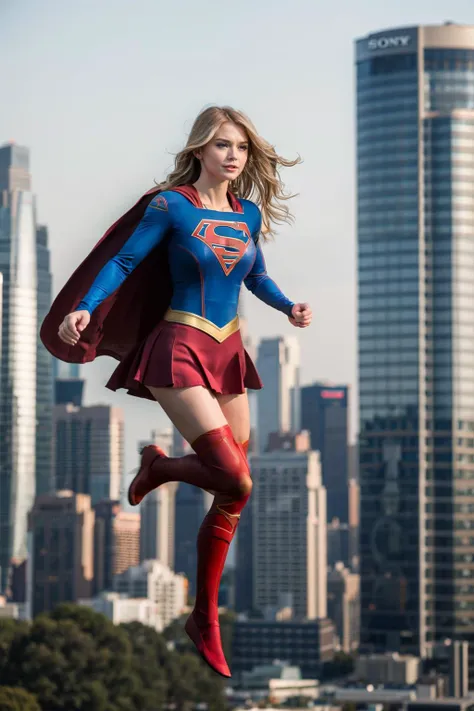 a full body supergirl flying , shot with sony alpha a9 II and sony fe 200-600mm/5.6-6.3 g oss lens, natural light, hyper realistic photograph, ultra detailed